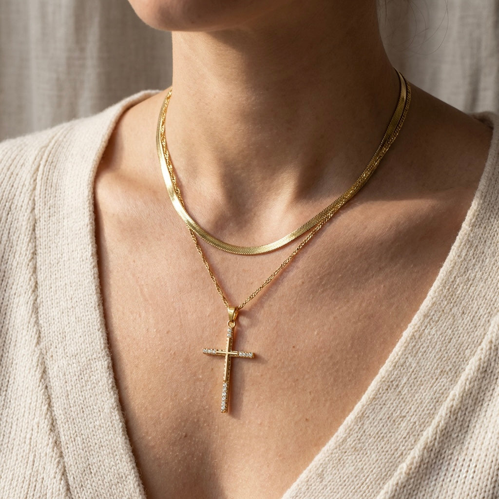 "Faith" Shimmer Cross Necklace – 18K Gold Plated