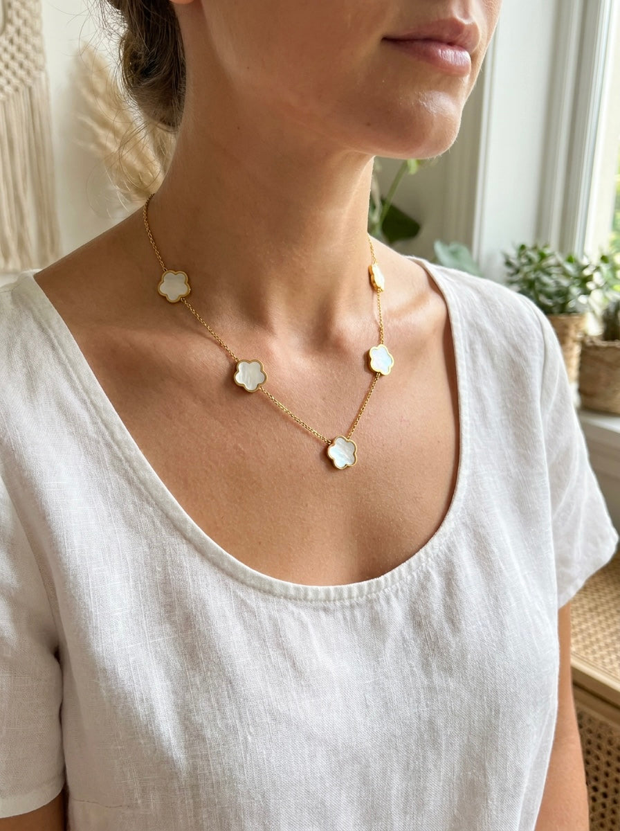 "Flower Meadow" Pearlescent Station Necklace — 18K Gold Plated