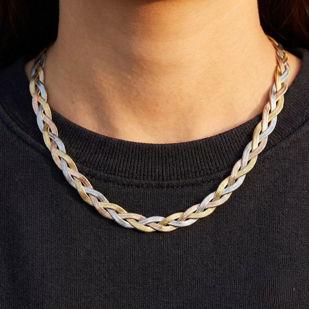 "Trinity" Braided Herringbone Necklace – 18K Gold Plated Steel