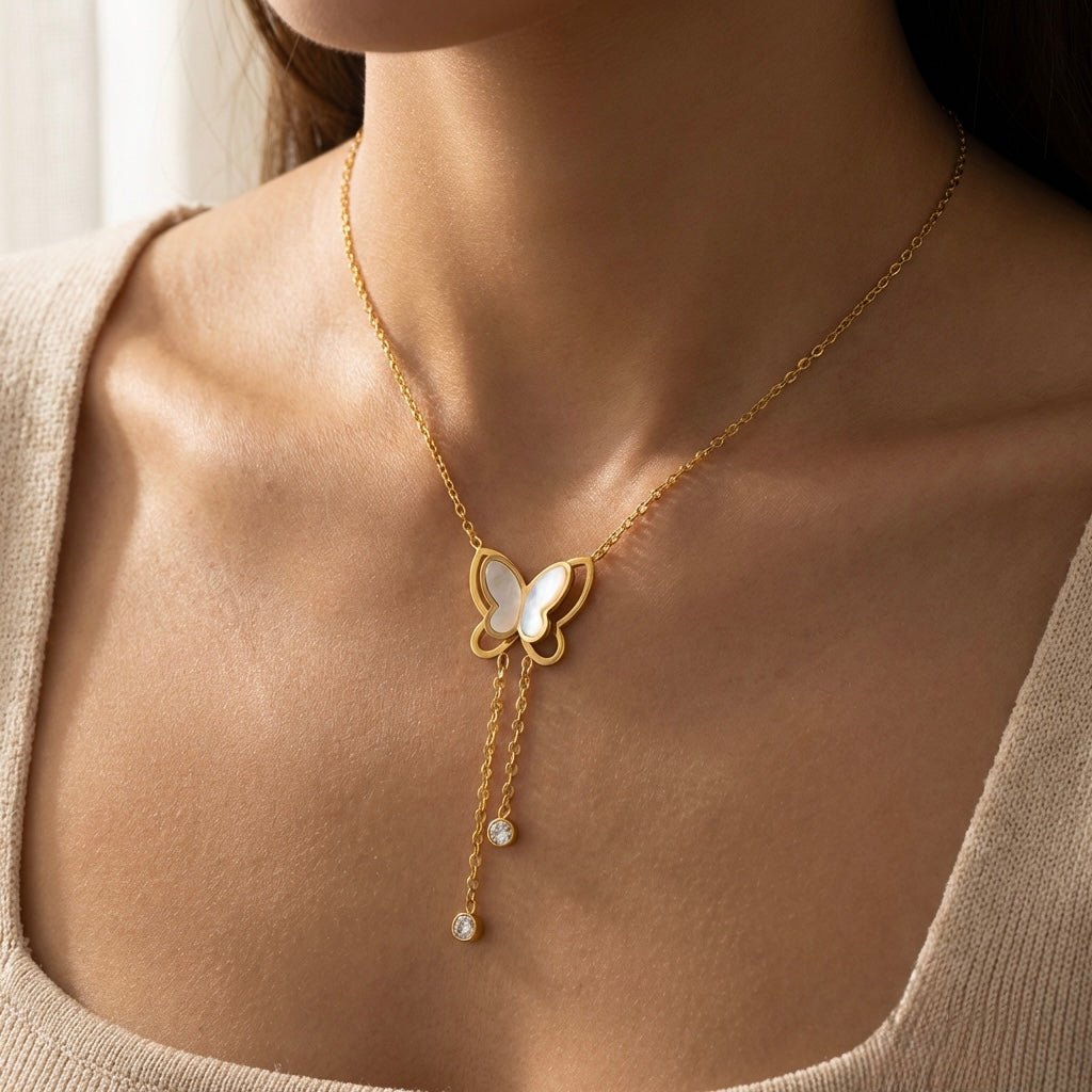 "Aria" Butterfly Drop Necklace – 18K Gold Plated