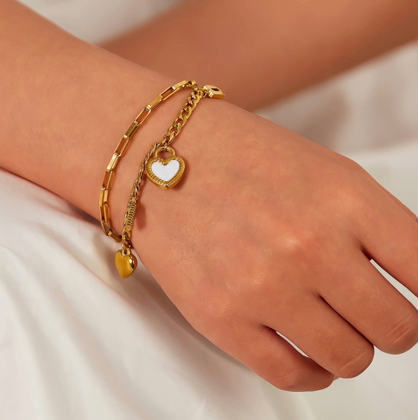 "Amour" Double-Layer Heart & Crystal Charm Bracelet — 18K Gold Plated