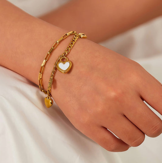 "Amour" Double-Layer Heart & Crystal Charm Bracelet — 18K Gold Plated