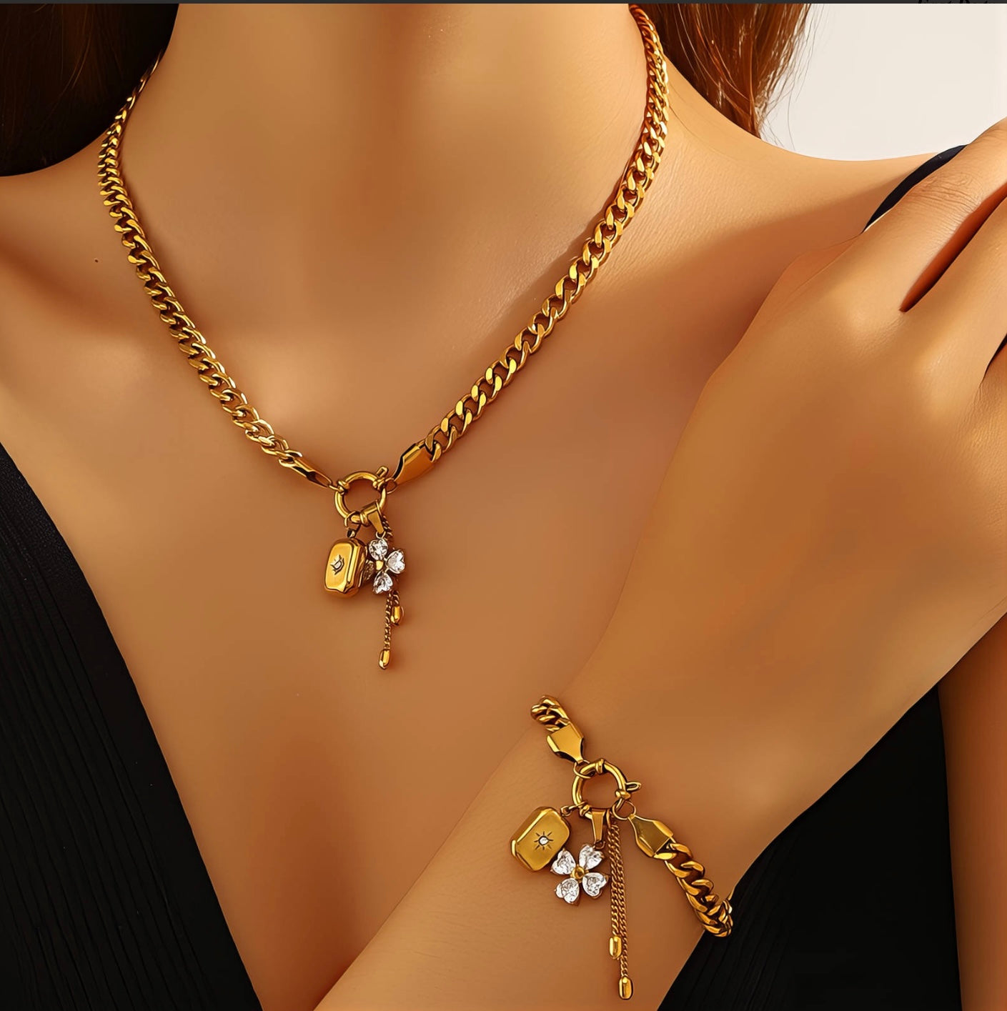 "FLOWER" Necklace, 18K GOLD PLATED STEEL